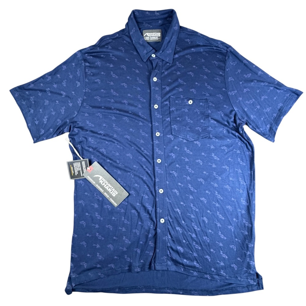 Mountain Khakis Mens Arbor Knit Shirt XL Navy Blue Bamboo Fish Print J98 New